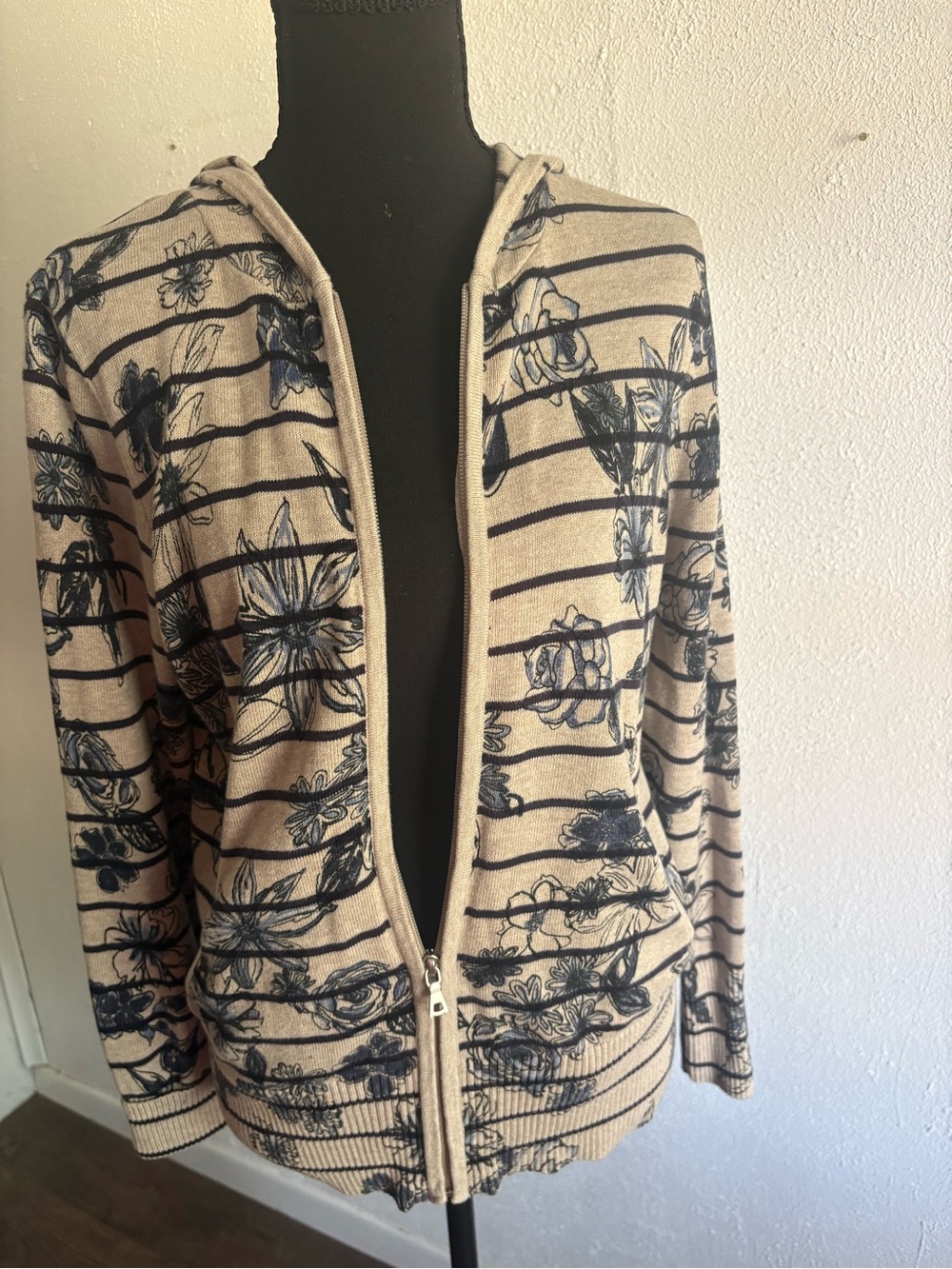 Christopher & Banks Beige Zip-Up Hoodie with Navy Floral Stripes